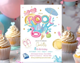 Invitación editable para fiesta en la piscina, invitación para fiesta de cumpleaños de niña en la piscina, invitación para fiesta de verano, invitación para fiesta de natación en la piscina, invitación para spa de niña, descarga digital, imprimible