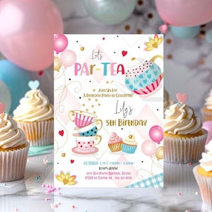 Invitation d'anniversaire modifiable tea party l'après-midi tea party inviter un gâteau d'anniversaire fille tout âge enfants ados 1ère corjl imprimable en téléchargement immédiat