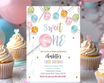 Editable 1st Birthday Party Invitation Baby Girl First Birthday Candy Sweet One Cute 1st Party Invite  Instant Download Printable Corjl