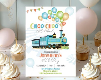 Editable Train Birthday Invitation Choo Choo All Aboard 1st 2nd Birthday All Ages Boy Train kids Invite Instant Download Printable Corjl