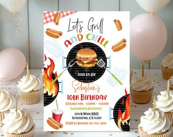 May include: A colorful invitation for a 10th birthday party with a barbecue theme. The invitation features a grill with flames, a hamburger, hot dogs, and the text "Let's Grill and Chill".