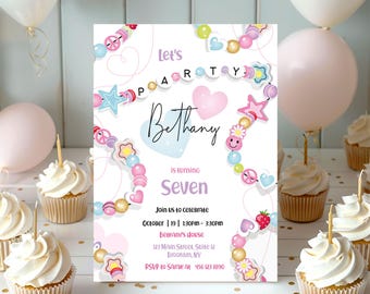 Editable Friendship Bracelet Invitation Girl Birthday Bead Bracelet Making Invite Jewelry Party Pink Instant Download Printable Invite Corjl