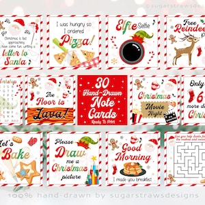 Può includere: Una collezione di 10 biglietti di Natale con vari disegni. Ogni biglietto presenta illustrazioni festive, tra cui Babbo Natale, elfi, omini di pan di zenzero e frasi natalizie come "Christmas Movie Night" e "Let's Bake". Le carte sono pronte per la stampa.