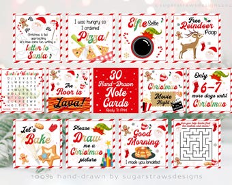 Op de afbeelding: Een verzameling van 10 kerstkaarten met verschillende ontwerpen. Elke kaart bevat feestelijke illustraties, waaronder kerstmannen, elfen, peperkoekmannen en vakantie zinnen zoals "Christmas Movie Night" en "Let's Bake". De kaarten zijn klaar om af te drukken.