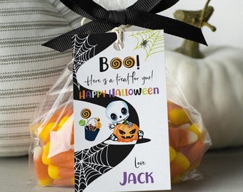 Modello modificabile per etichette per bomboniere di Halloween / Etichetta stampabile Corjl per regalo con dolcetti spettrali / Etichette per sacchetti Boo / Etichette per bomboniere per feste di compleanno di Halloween