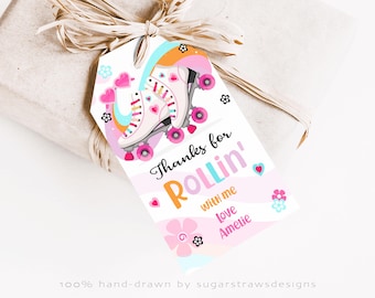 Editable Roller Skate Party Thank you Tag Favor Tag Girl Birthday Gift Party Tag Roller Disco Instant Download Printable Template Corjl