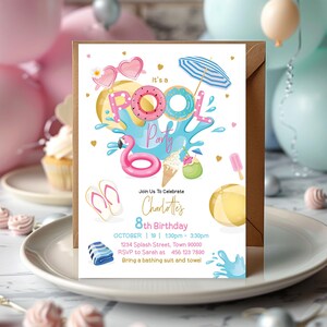 Pool Party girl birthday invitation 5x7 inches . A printable, editable, hand drawn pool themed template with colourful floats, sliders, beach ball and sunglasses on a white background with colourful lettering. Perfect for a swimming party.