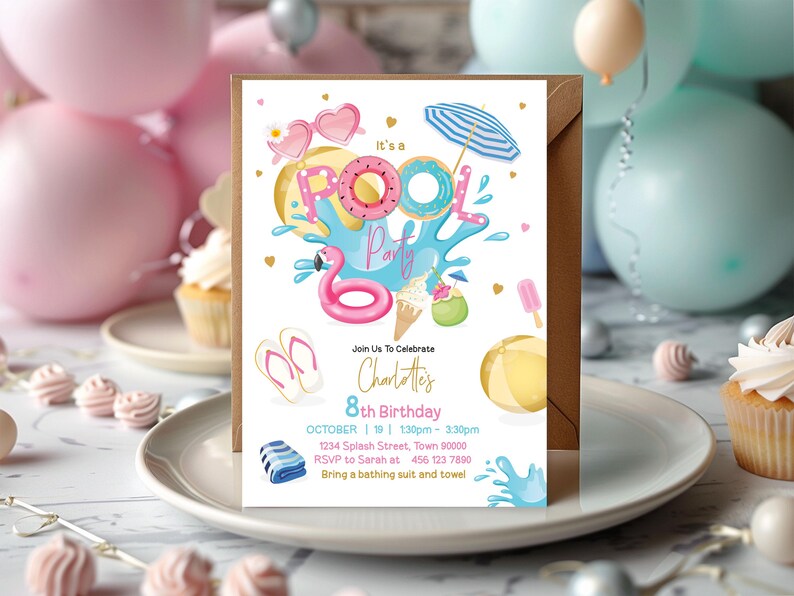 Pool Party girl birthday invitation 5x7 inches . A printable, editable, hand drawn pool themed template with colourful floats, sliders, beach ball and sunglasses on a white background with colourful lettering. Perfect for a swimming party.