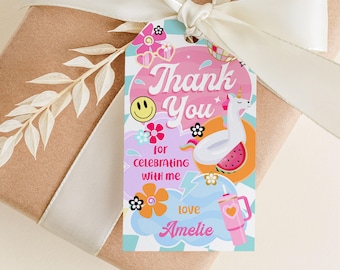 Editable Preppy Pool Party Thank you Tag Favor Tag Girl Birthday Gift Party Tag Groovy Retro Decor Instant Download Printable Template Corjl