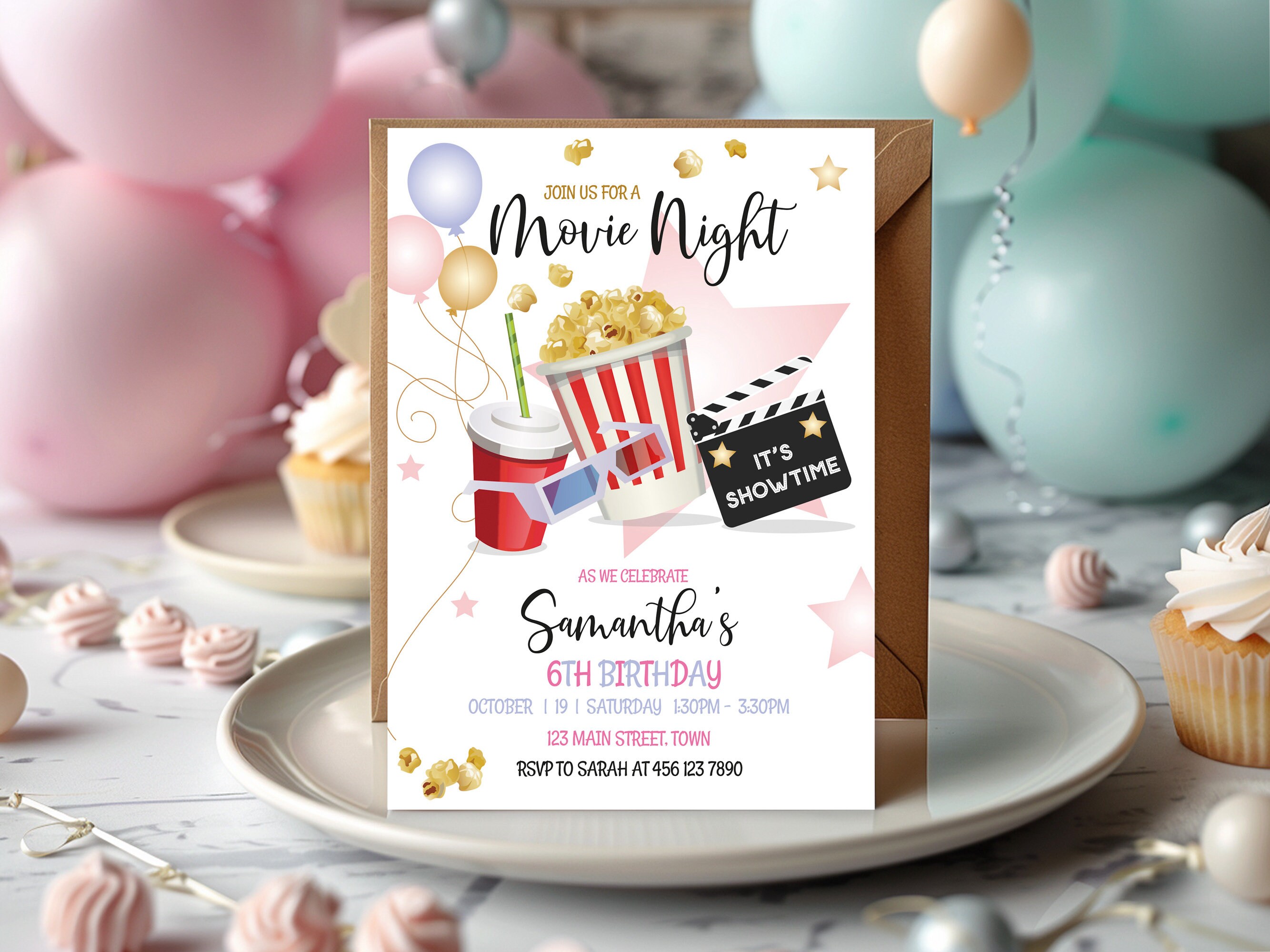 Editable Movie Night Birthday Invitation Girl Pink Cinema Invite ...