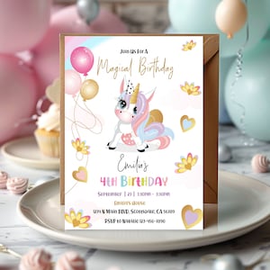 Unicorn birthday invitation for a girl 5x7 inches. A printable, editable, hand drawn template with a cute unicorn and balloons in pretty pastel shades of pink and purple on a white background. Matching thank you favor gift tag available.