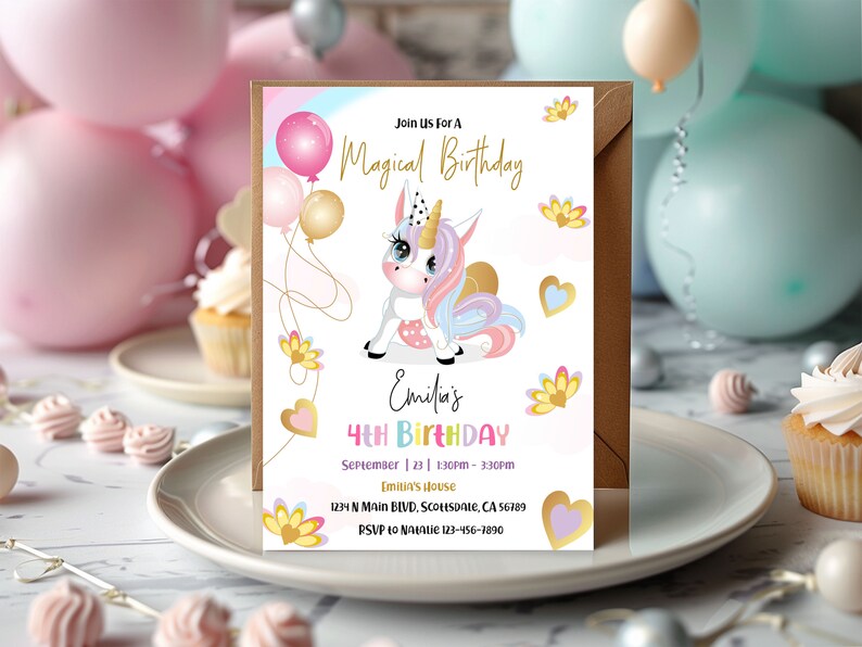 Unicorn birthday invitation for a girl 5x7 inches. A printable, editable, hand drawn template with a cute unicorn and balloons in pretty pastel shades of pink and purple on a white background. Matching thank you favor gift tag available.
