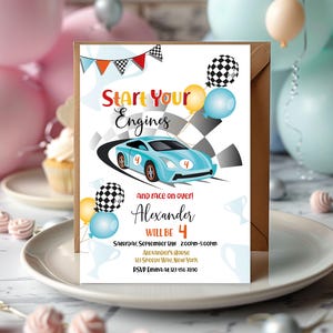 Start Your Engines boy birthday invitation 5x7 inch. A printable, editable, hand drawn blue racing car with colourful flags and balloons with a chequered black and white flag on a white background with colourful letters. Matching favor tag available