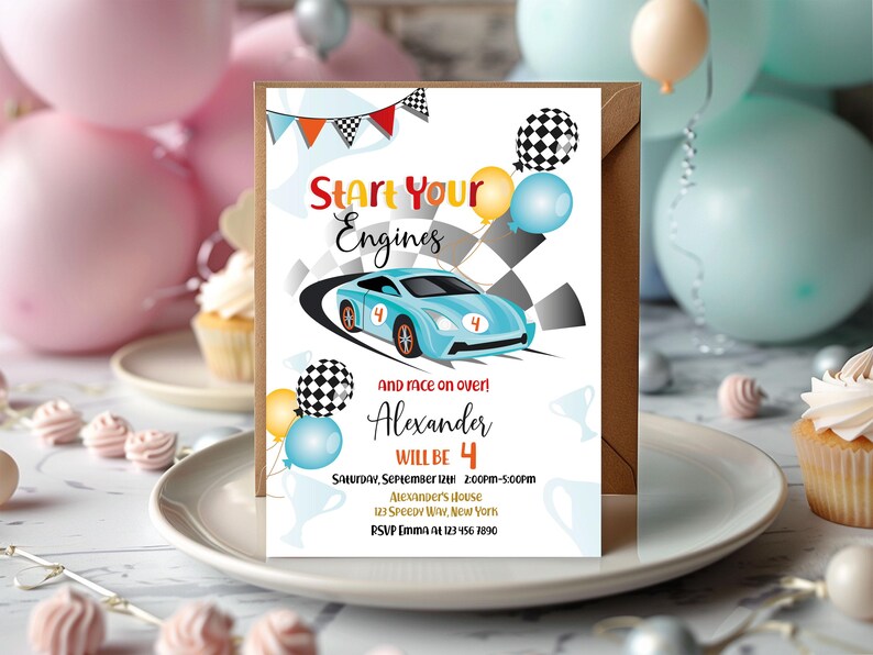 Start Your Engines boy birthday invitation 5x7 inch. A printable, editable, hand drawn blue racing car with colourful flags and balloons with a chequered black and white flag on a white background with colourful letters. Matching favor tag available