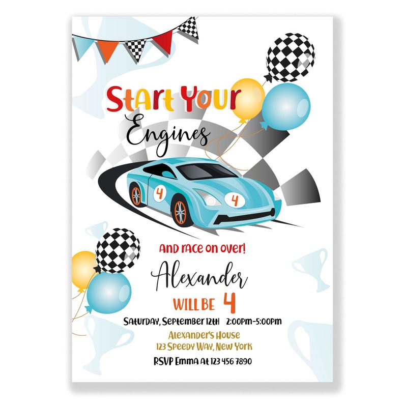 Start Your Engines boy birthday invitation 5x7 inch. A printable, editable, hand drawn blue racing car with colourful flags and balloons with a chequered black and white flag on a white background with colourful letters. Matching favor tag available