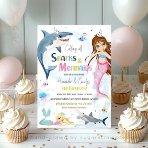 Editable Mermaid and Shark Joint Birthday Invitation Sibling Invite Twin Birthday Invite Boy Girl Sea Theme Instant Download Printable Corjl