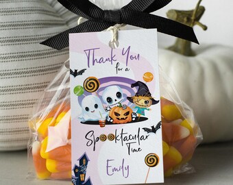 May include: A clear cellophane bag filled with candy corn, tied with a black ribbon and a tag that reads "Thank You for a Spooktacular Time, Emily." The tag features Halloween-themed illustrations of ghosts, a jack-o'-lantern, and a scarecrow.