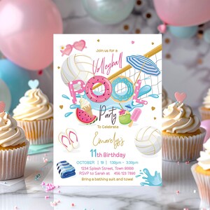 May include: A colorful invitation for a volleyball pool party to celebrate Emarelyss's 11th birthday. The invitation features a volleyball net, a pool float, a watermelon, and a popsicle. The text on the invitation reads "Join us for a Volleyball Pool Party to Celebrate Emarelyss's 11th Birthday. October 19 | 1:30pm - 3:30pm | 1234 Splash Street, Town 80000 | RSVP to Sarah at 456 123 7890 | Bring a bathing suit and towel."