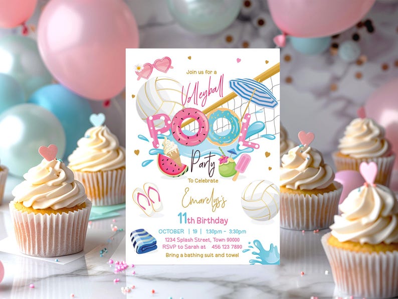 May include: A colorful invitation for a volleyball pool party to celebrate Emarelyss's 11th birthday. The invitation features a volleyball net, a pool float, a watermelon, and a popsicle. The text on the invitation reads "Join us for a Volleyball Pool Party to Celebrate Emarelyss's 11th Birthday. October 19 | 1:30pm - 3:30pm | 1234 Splash Street, Town 80000 | RSVP to Sarah at 456 123 7890 | Bring a bathing suit and towel."