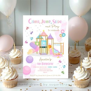 以下が含まれることがあります： 5歳の子供の誕生日パーティーのカラフルな招待状。招待状には、滑り台、ジャングルジム、クライミングウォールのある遊園地の漫画のイラストが描かれています。招待状のテキストは「Climb, Jump, Slide and Play to celebrate Amelie's 5th Birthday」です。