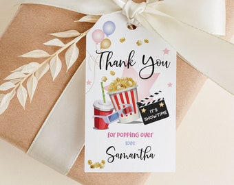 Editable Movie Night Party Thank You Tag Favor Tag Gift Tag Girl Pink Cinema Party Tag Sleepover Party Kids Instant Download Printable Corjl