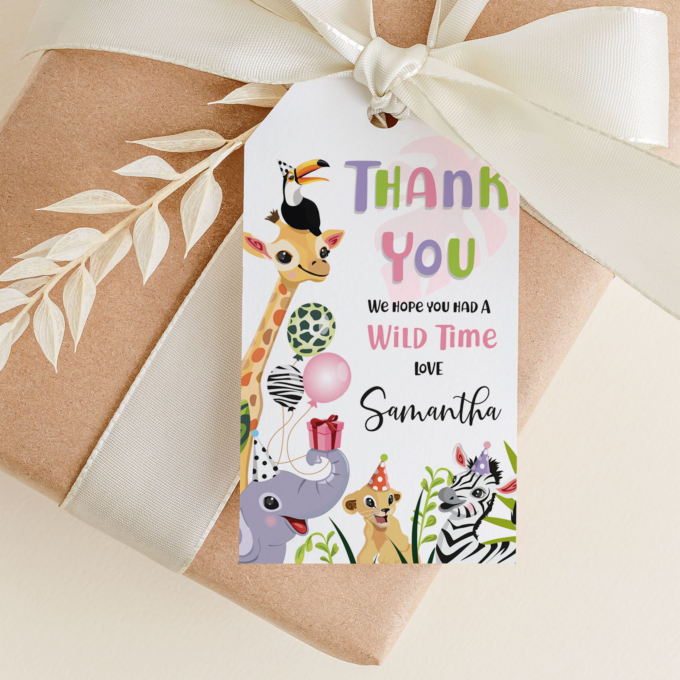 Editable Safari Party Thank you Tag Favor Tag Girl Birthday Gift Tag First 1st Wild One Zoo Animals Kids Instant Download Printable Corjl