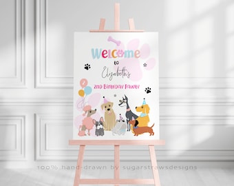 May include: A pink easel displays a welcome sign for Elizabeth's 2nd Birthday Pawty. The sign features cartoon dogs, paw prints, balloons, and the text "Welcome to Elizabeth's 2nd Birthday Pawty". The sign is hand-drawn.