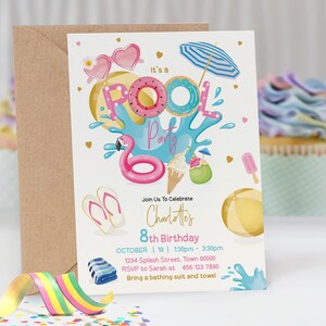 Pool Party girl birthday invitation 5x7 inches . A printable, editable, hand drawn pool themed template with colourful floats, sliders, beach ball and sunglasses on a white background with colourful lettering. Perfect for a swimming party.