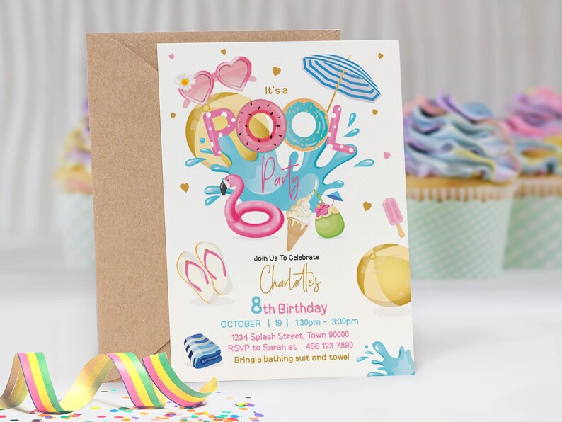 Pool Party girl birthday invitation 5x7 inches . A printable, editable, hand drawn pool themed template with colourful floats, sliders, beach ball and sunglasses on a white background with colourful lettering. Perfect for a swimming party.