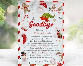May include: A Christmas-themed card with a red and white striped border. The card features illustrations of Santa, an elf, a gingerbread man, and a snowman. Text includes "Goodbye" and a message to Ellie and Jack, signed "Love your Elf."