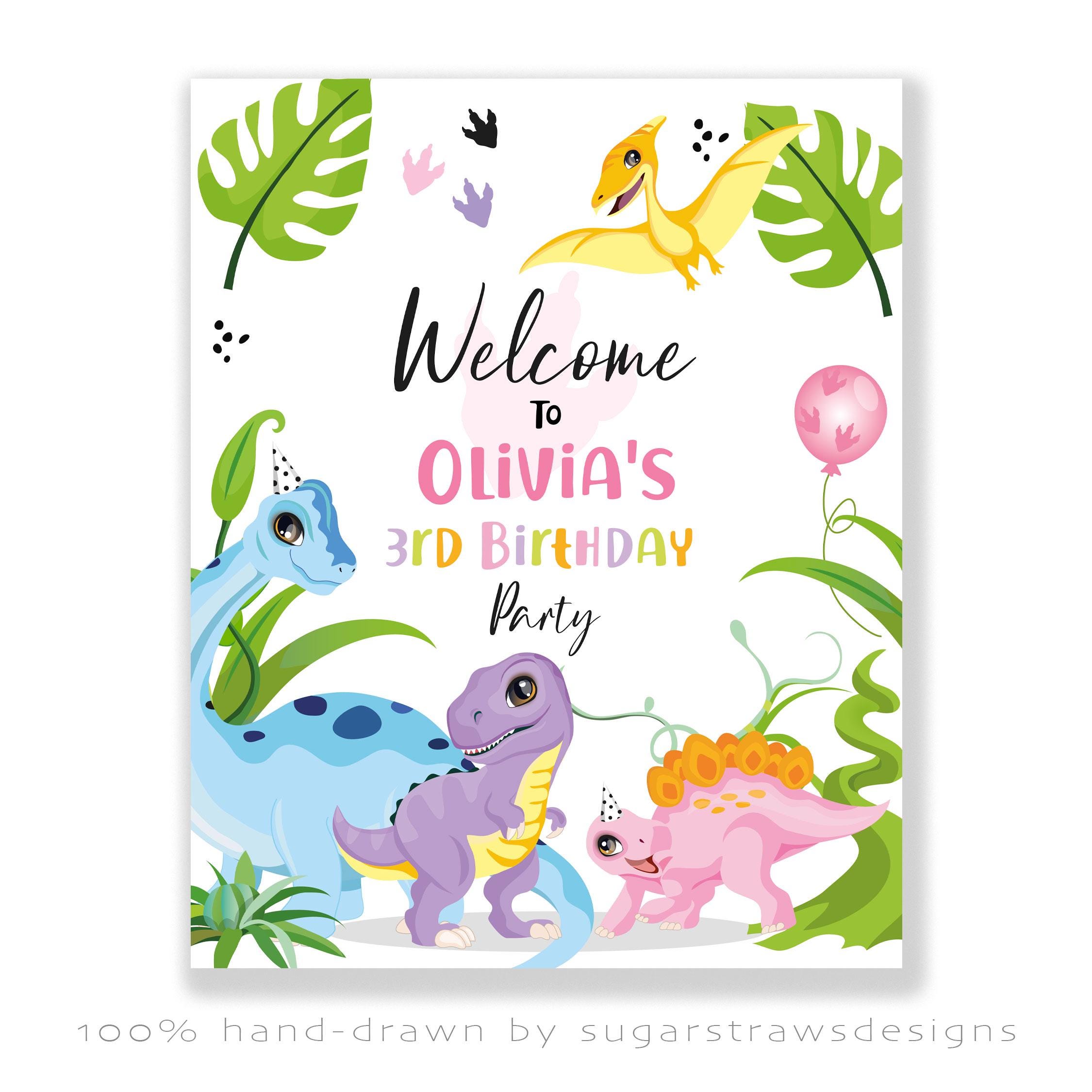 Editable Dinosaur Welcome Sign Girl Birthday Decor Prehistoric Dino ...