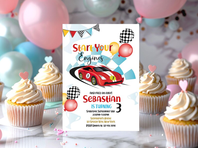 Start Your Engines boy birthday invitation 5x7 inch. A printable, editable, hand drawn red racing car with colourful flags and balloons with a chequered black and white flag on a white background with colourful letters. Matching favor tag available