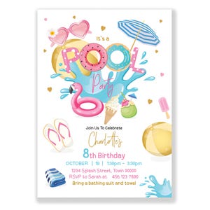 Pool Party girl birthday invitation 5x7 inches . A printable, editable, hand drawn pool themed template with colourful floats, sliders, beach ball and sunglasses on a white background with colourful lettering. Perfect for a swimming party.