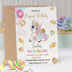 Unicorn birthday invitation for a girl 5x7 inches. A printable, editable, hand drawn template with a cute unicorn and balloons in pretty pastel shades of pink and purple on a white background. Matching thank you favor gift tag available.