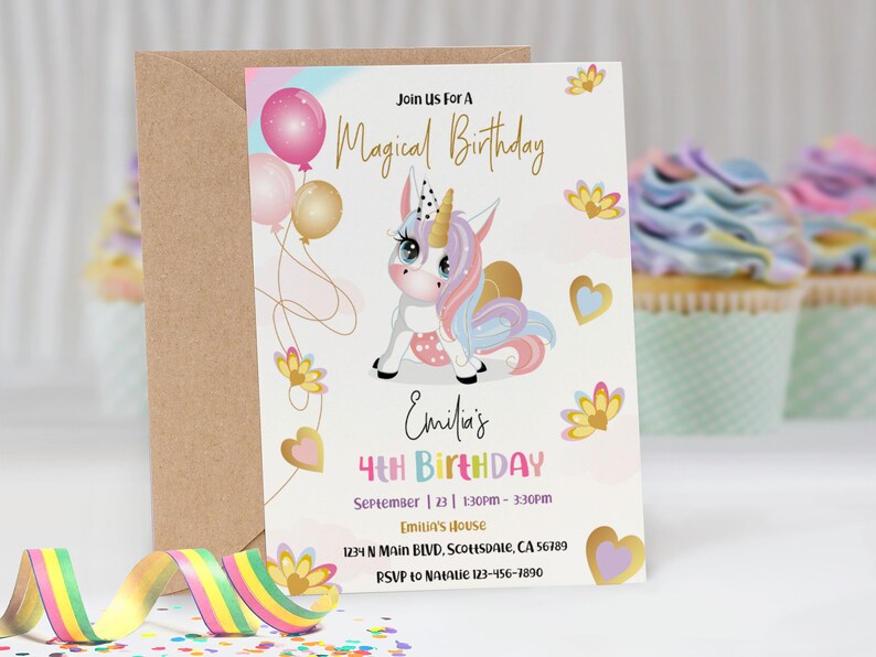 Unicorn birthday invitation for a girl 5x7 inches. A printable, editable, hand drawn template with a cute unicorn and balloons in pretty pastel shades of pink and purple on a white background. Matching thank you favor gift tag available.