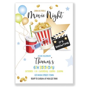 Editable Movie Night Birthday Invitation Boy Blue Cinema Invite Popcorn ...