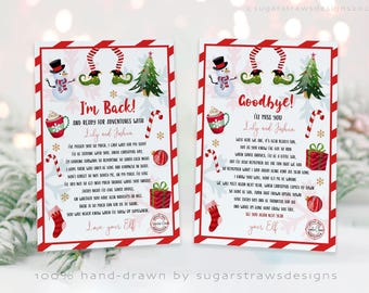 May include: Two Christmas cards with red and white borders. One says "I'm Back!" and the other says "Goodbye!". Both cards feature a snowman, Christmas tree, candy cane, gift, and a cup of hot chocolate. The text is in a handwritten style.