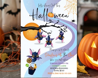 May include: Halloween party invitation with bats, a pumpkin, and the text "Let's Hang Out This Halloween." The invitation includes party details: date, time, location, and RSVP information. The design is hand-drawn with a spooky theme.