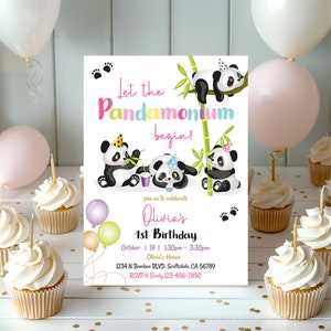 Invitación editable para fiesta de cumpleaños de pandas Invitación para fiesta de vida salvaje Panda Invitación para primer cumpleaños Niña Rosa Niños Todas las edades Descarga instantánea Imprimible Corjl