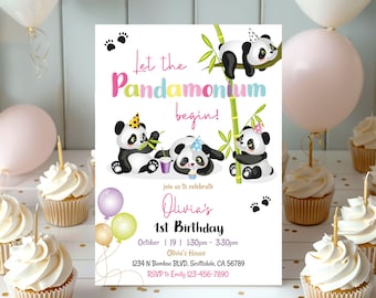 May include: A pink and white birthday invitation with a panda theme. The invitation says "Let the Pandamonium begin!" and features four cartoon pandas. The invitation is for Olivia's 1st birthday party. The party will be held on October 19th from 1:30pm to 3:30pm at Olivia's House. The address is 1234 N Bamboo Blvd, Scottsdale, CA 56789. RSVP to Emily at 123-456-7890.