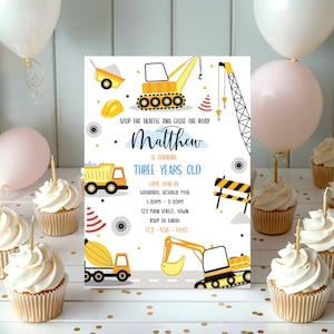Convite de aniversário de construção editável Convite de aniversário de construção Convite para festa de caminhão basculante Menino 1º 2º Download instantâneo para impressão Corjl