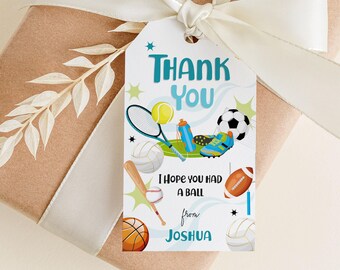 Editable Sports Party Favor Tag Boy Birthday Thank you Tag Multi Sports Gift Tag Basketball Soccer Tennis Baseball Download Printable Corjl