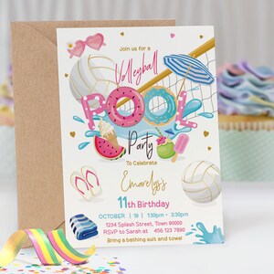 May include: A colorful invitation for a volleyball pool party to celebrate Emarelys's 11th birthday. The invitation features a volleyball net, pool floats, and a watermelon. The text on the invitation reads "Join us for a Volleyball Pool Party to Celebrate Emarelys's 11th Birthday. October 19 | 1:30pm - 3:30pm. 1234 Splash Street, Town 90000. RSVP to Sarah at 456 123 7890. Bring a bathing suit and towel."