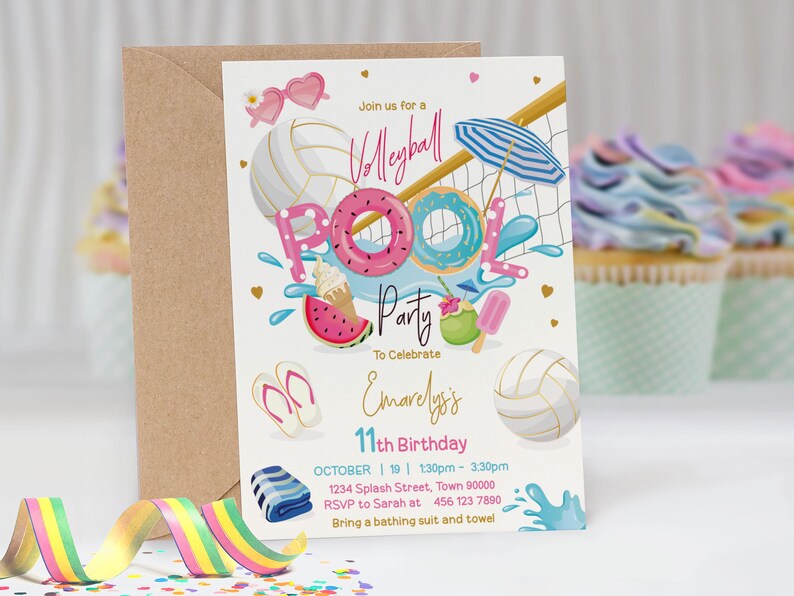 May include: A colorful invitation for a volleyball pool party to celebrate Emarelys's 11th birthday. The invitation features a volleyball net, pool floats, and a watermelon. The text on the invitation reads "Join us for a Volleyball Pool Party to Celebrate Emarelys's 11th Birthday. October 19 | 1:30pm - 3:30pm. 1234 Splash Street, Town 90000. RSVP to Sarah at 456 123 7890. Bring a bathing suit and towel."