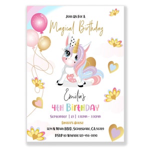Unicorn birthday invitation for a girl 5x7 inches. A printable, editable, hand drawn template with a cute unicorn and balloons in pretty pastel shades of pink and purple on a white background. Matching thank you favor gift tag available.