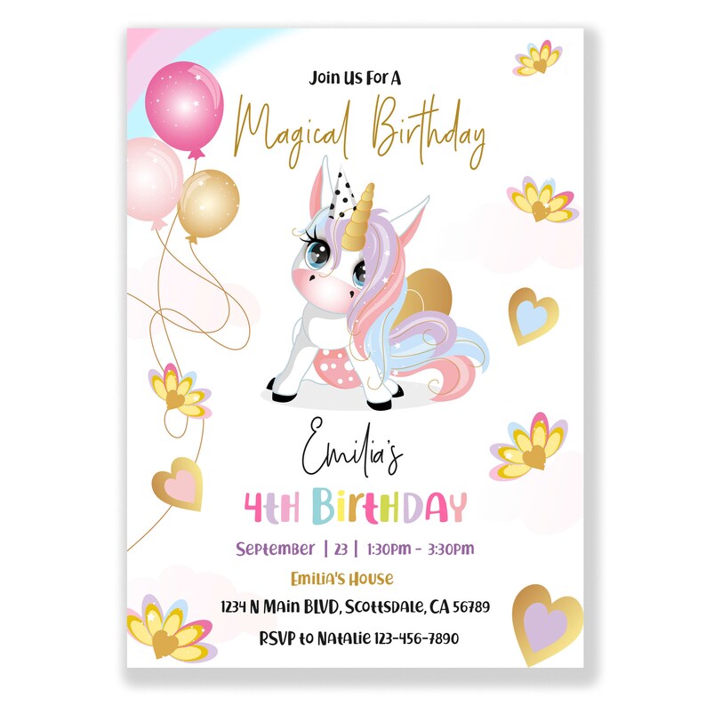Unicorn birthday invitation for a girl 5x7 inches. A printable, editable, hand drawn template with a cute unicorn and balloons in pretty pastel shades of pink and purple on a white background. Matching thank you favor gift tag available.