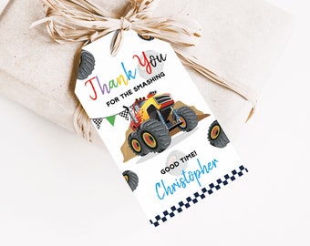 May include: Thank you for the smashing good time! Monster truck party favor tag with a red, yellow, and black monster truck on a white background with a blue, black, and white checkered border. The text "Thank you for the smashing good time! Christopher" is printed on the tag.
