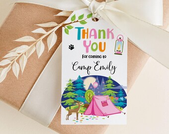 Editable Camping Party Favor Tag Girl Birthday Gift Tag Thank you Tag Wilderness Happy Campers Instant Download Printable Template Corjl