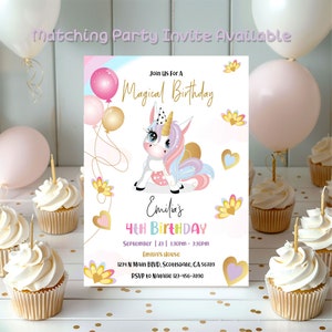 Unicorn birthday invitation for a girl 5x7 inches. A printable, editable, hand drawn template with a cute unicorn and balloons in pretty pastel shades of pink and purple on a white background. Matching thank you favor gift tag available.
