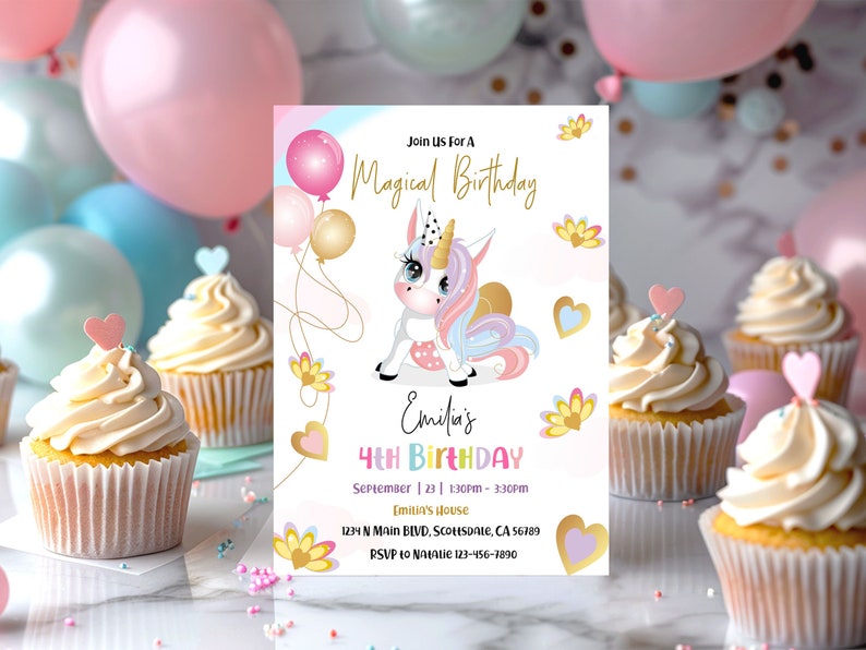 Unicorn birthday invitation for a girl 5x7 inches. A printable, editable, hand drawn template with a cute unicorn and balloons in pretty pastel shades of pink and purple on a white background. Matching thank you favor gift tag available.
